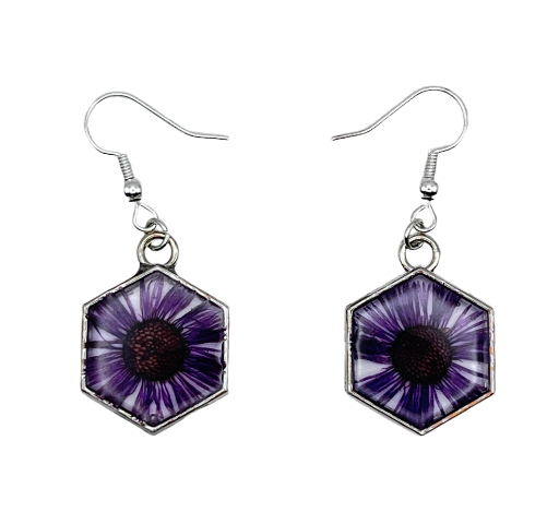Purple Floral Hexagon Earrings