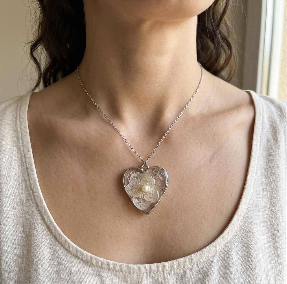 Heart Real Flower Pendant Necklace - Stainless Steel