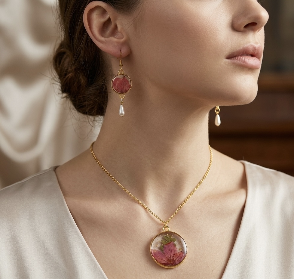 Pressed Flower Necklace & Earring Set