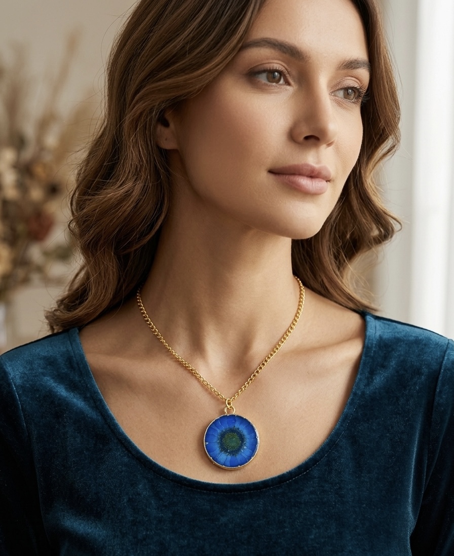 Blue Real Flower Pendant Necklace