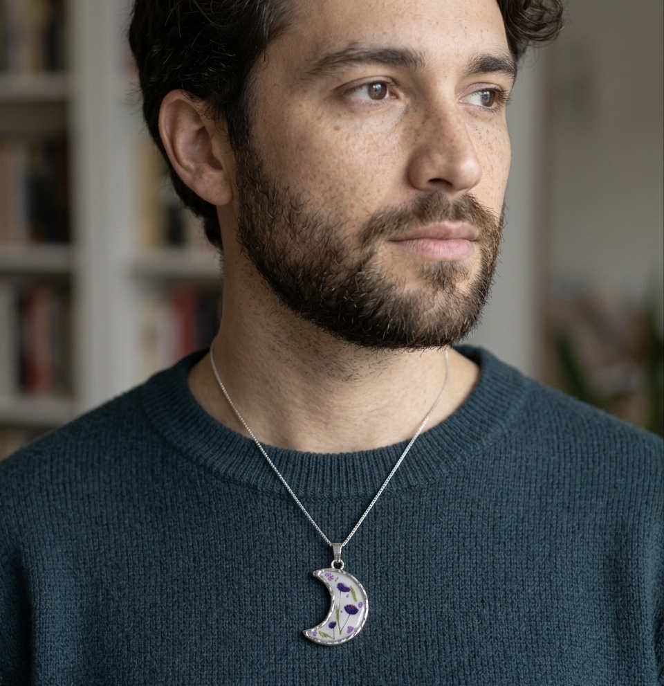 Floral Crescent Moon Pendant Necklace - Stainless Steel