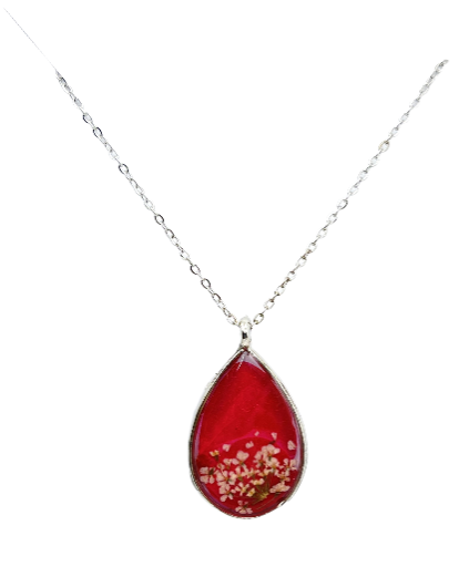Red Real Flower Resin Pendant Necklace - Stainless Steel 