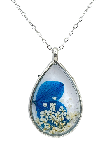Pressed Real Flower Teardrop Necklace - Stainless Steel