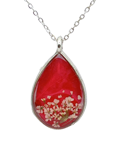 Red Real Flower Resin Pendant Necklace - Stainless Steel 