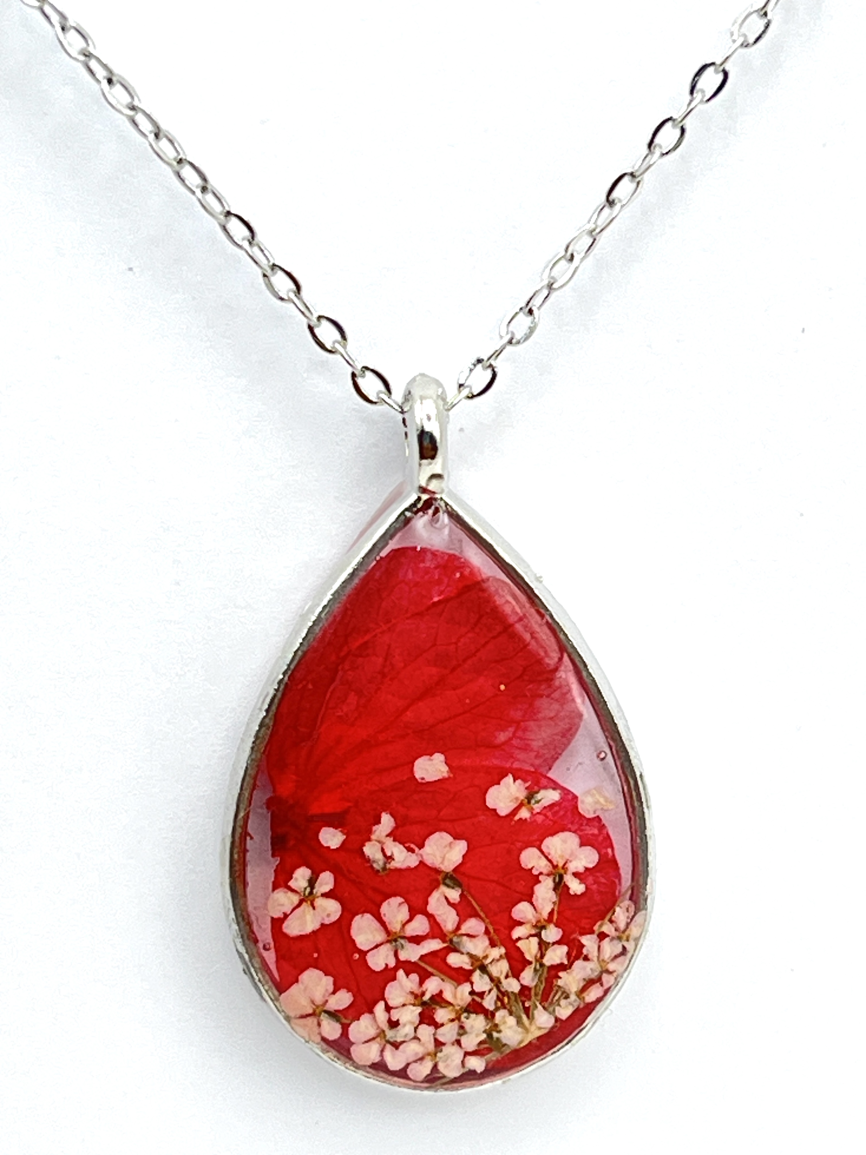 Floral Resin Teardrop Necklace - Stainless Steel