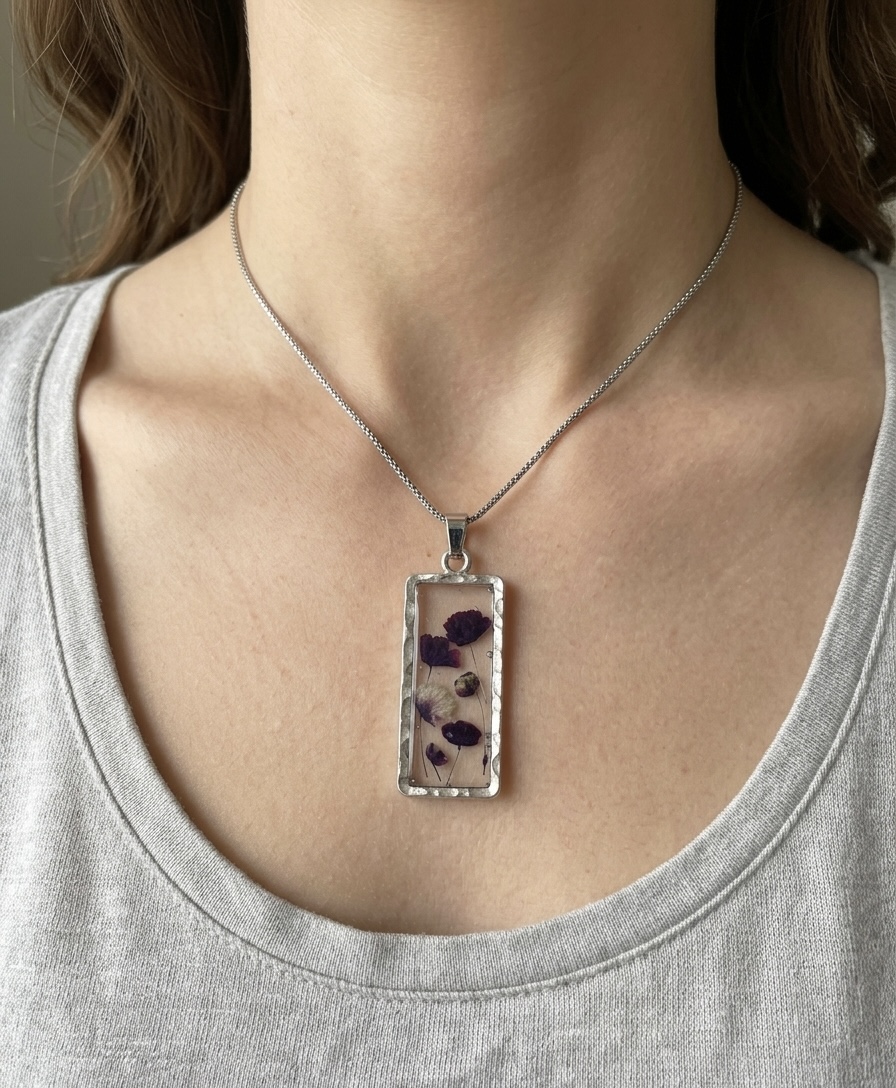 Pressed Real Flower Pendant Necklace - Stainless Steel