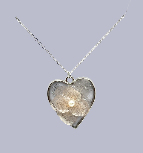 Heart Real Flower Pendant Necklace - Stainless Steel