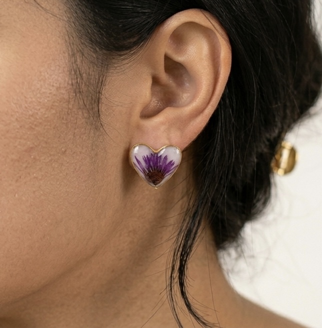 Heart-Shaped Floral Resin Earrings - Stud
