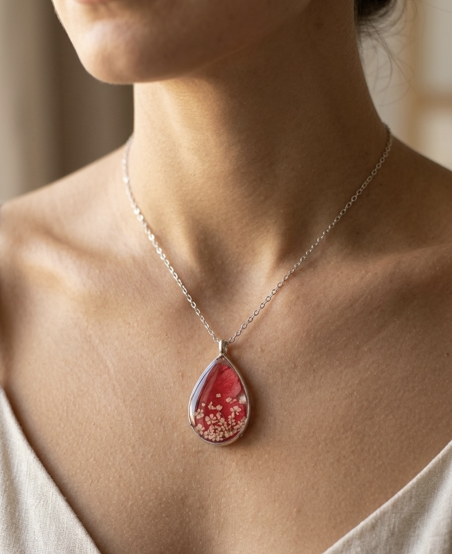 Floral Resin Teardrop Necklace - Stainless Steel