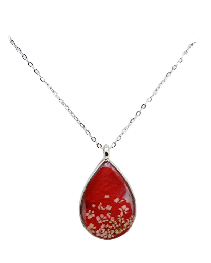 Floral Resin Teardrop Necklace - Stainless Steel