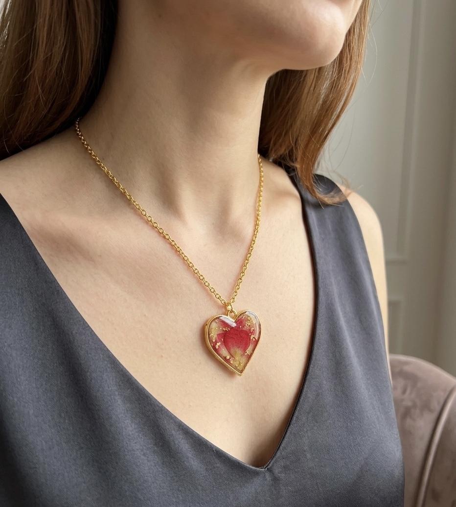 Heart-Shaped Floral Resin Pendant