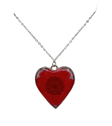 Red Real Flower Heart Pendant Necklace - Stainless steel