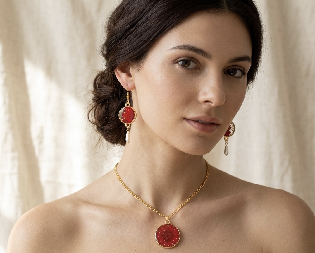 Red Floral Resin Jewelry Set