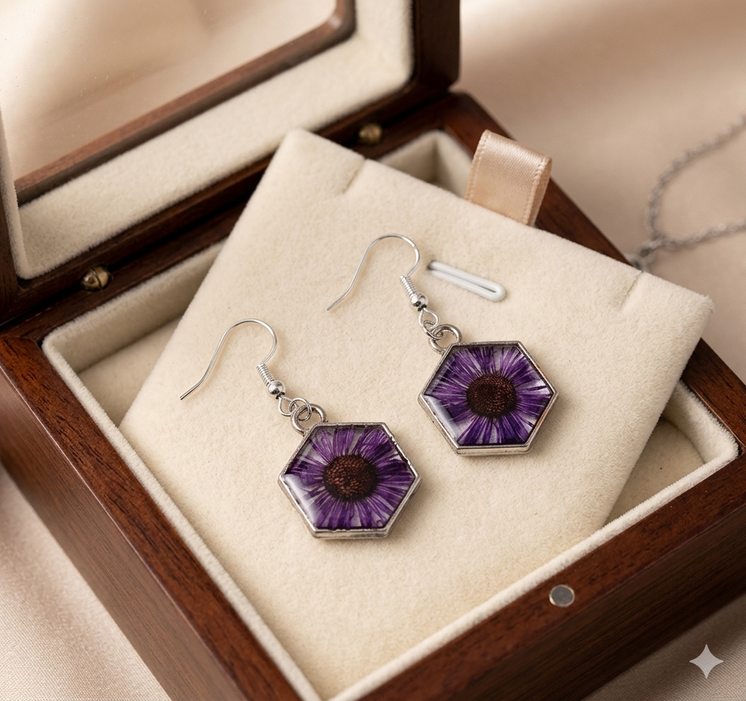 Purple Floral Hexagon Earrings