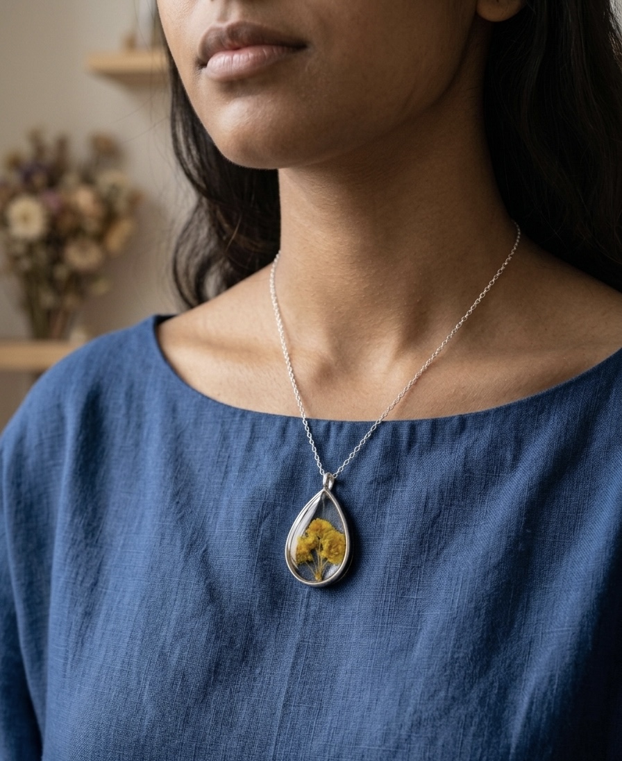 Pressed Real Flower Teardrop Necklace - Stainless Steel
