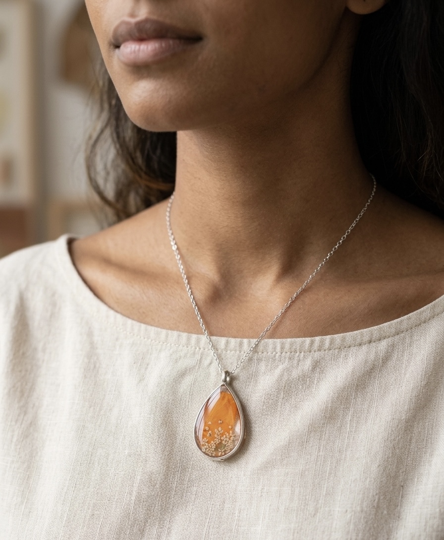 Pressed Real Flower Pendant Necklace - Stainless Steel