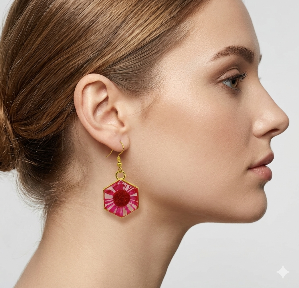 Hexagon Floral Resin Earrings