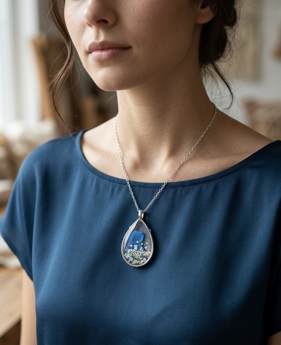 Pressed Real Flower Teardrop Necklace - Stainless Steel