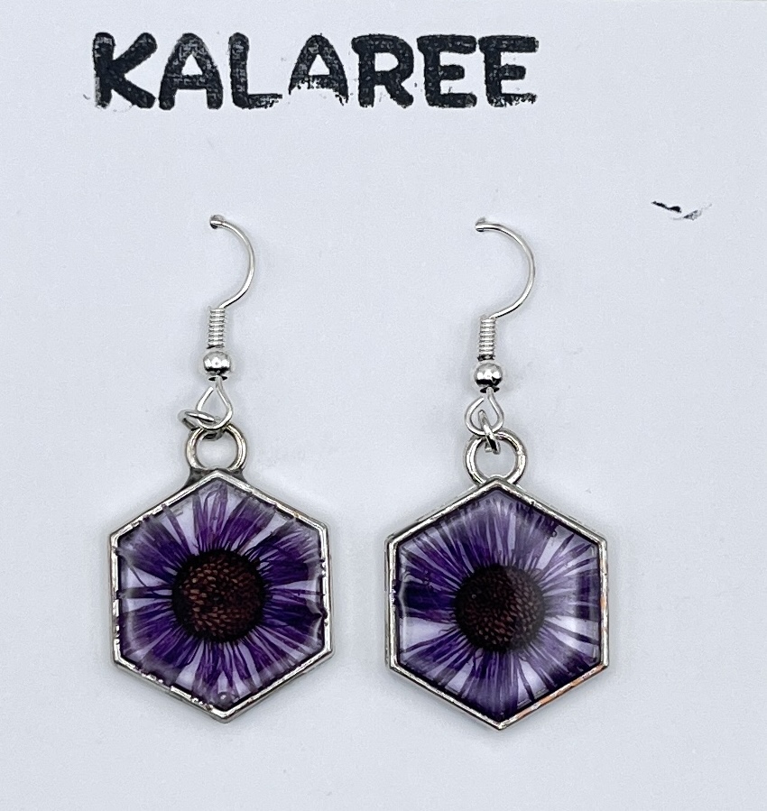 Purple Floral Hexagon Earrings