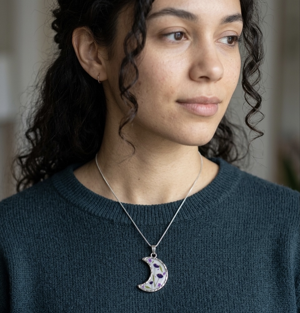 Floral Crescent Moon Pendant Necklace - Stainless Steel