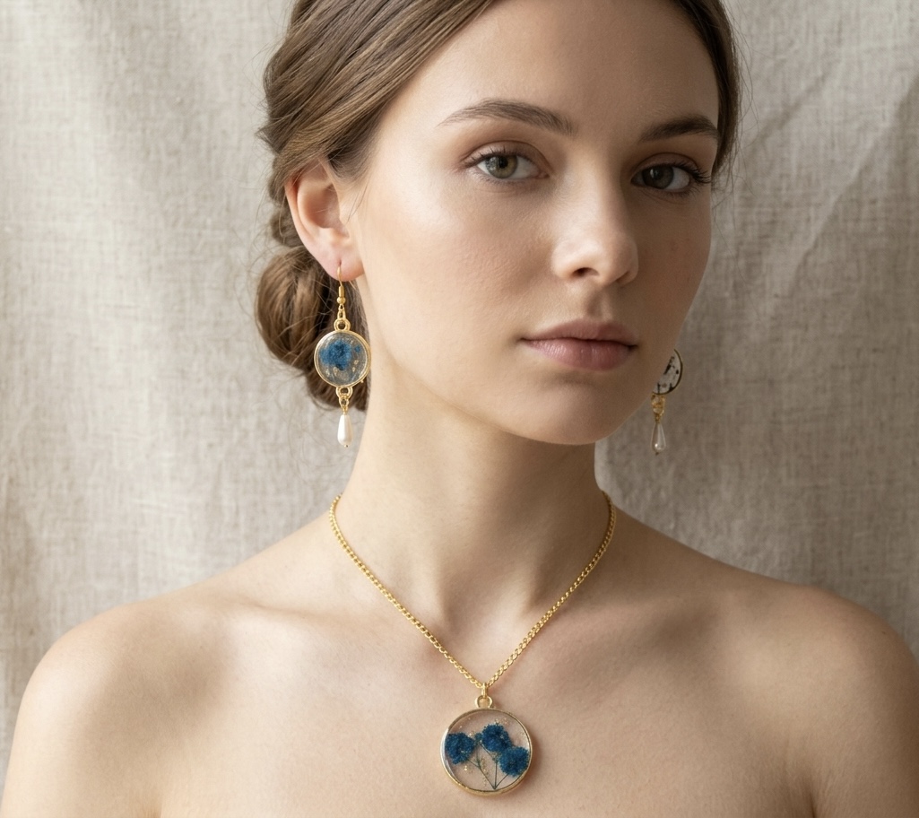 Blue Floral Resin Jewelry Set