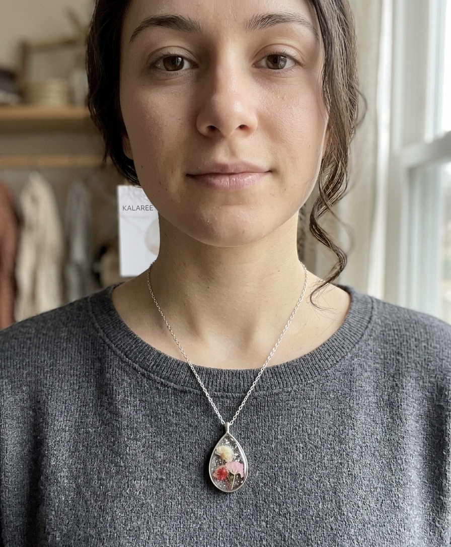 Pressed Real Flower Resin Pendant Necklace - Stainless Steel