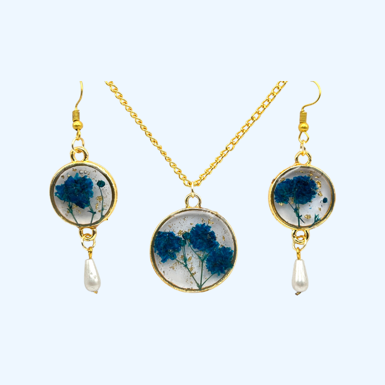 Blue Floral Resin Jewelry Set