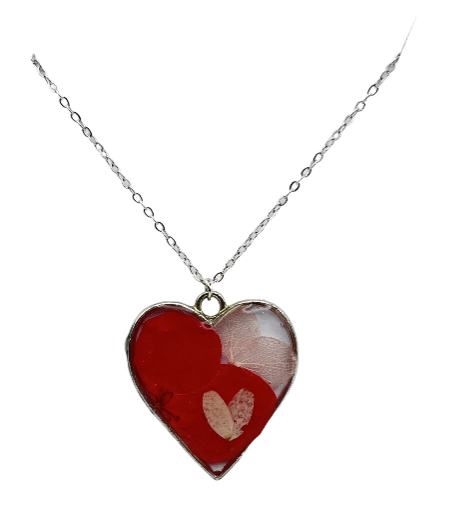 Heart-Shaped Resin Real Flower Pendant Necklace - Stainless Steel