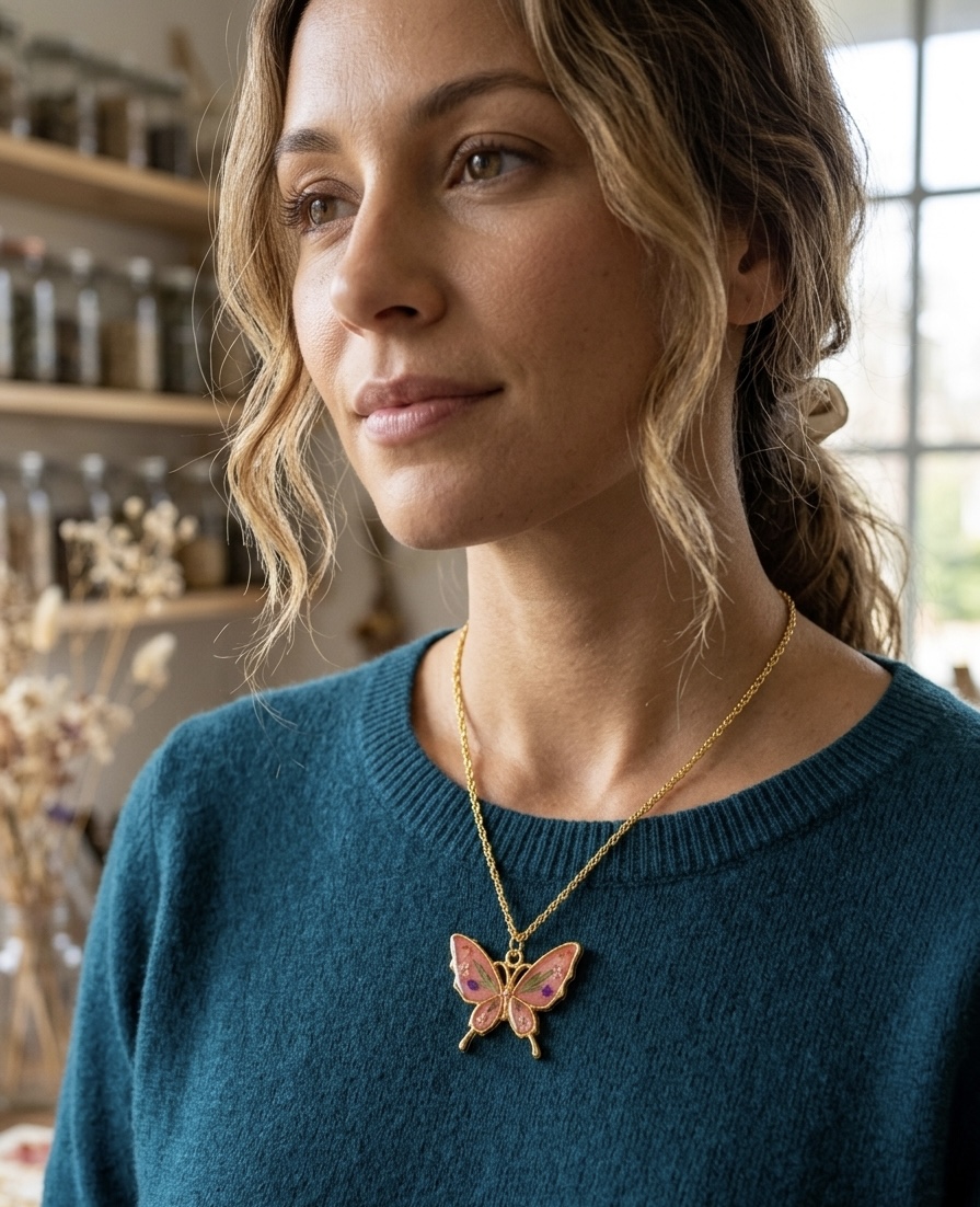 Butterfly Real Flower Pendant Necklace