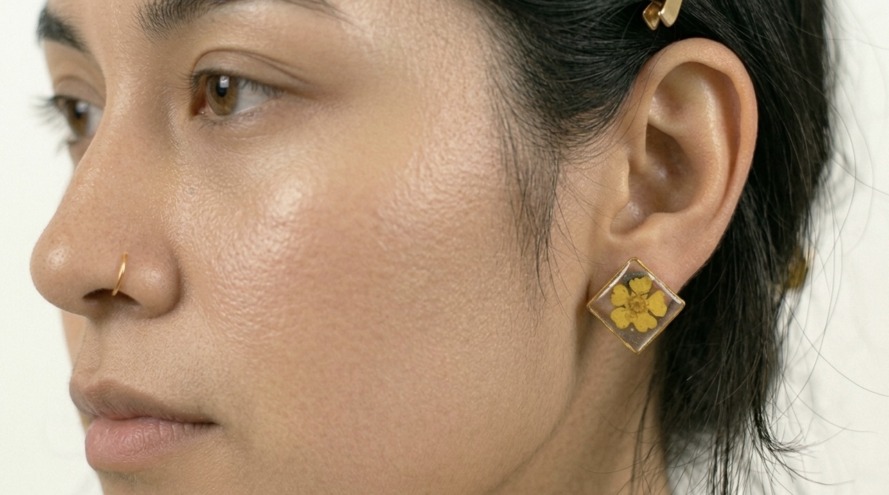 Pressed Real Flower Square Earrings - Stud