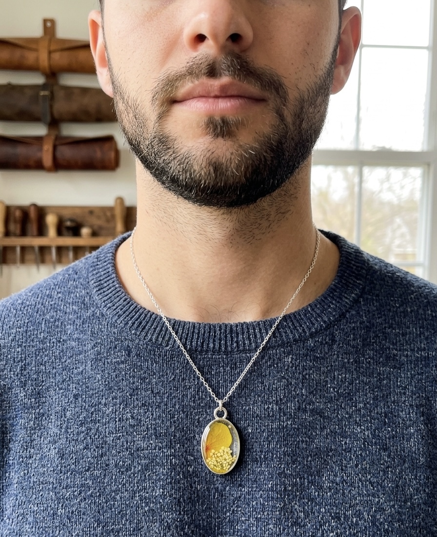 Pressed Real Flower Resin Pendant Necklace - Stainless Steel
