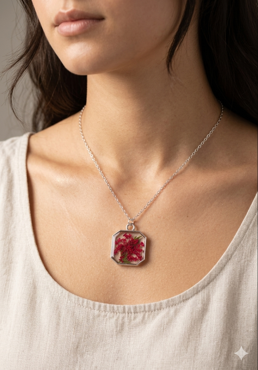 Pressed Flower Pendant Necklace - Stainless steel