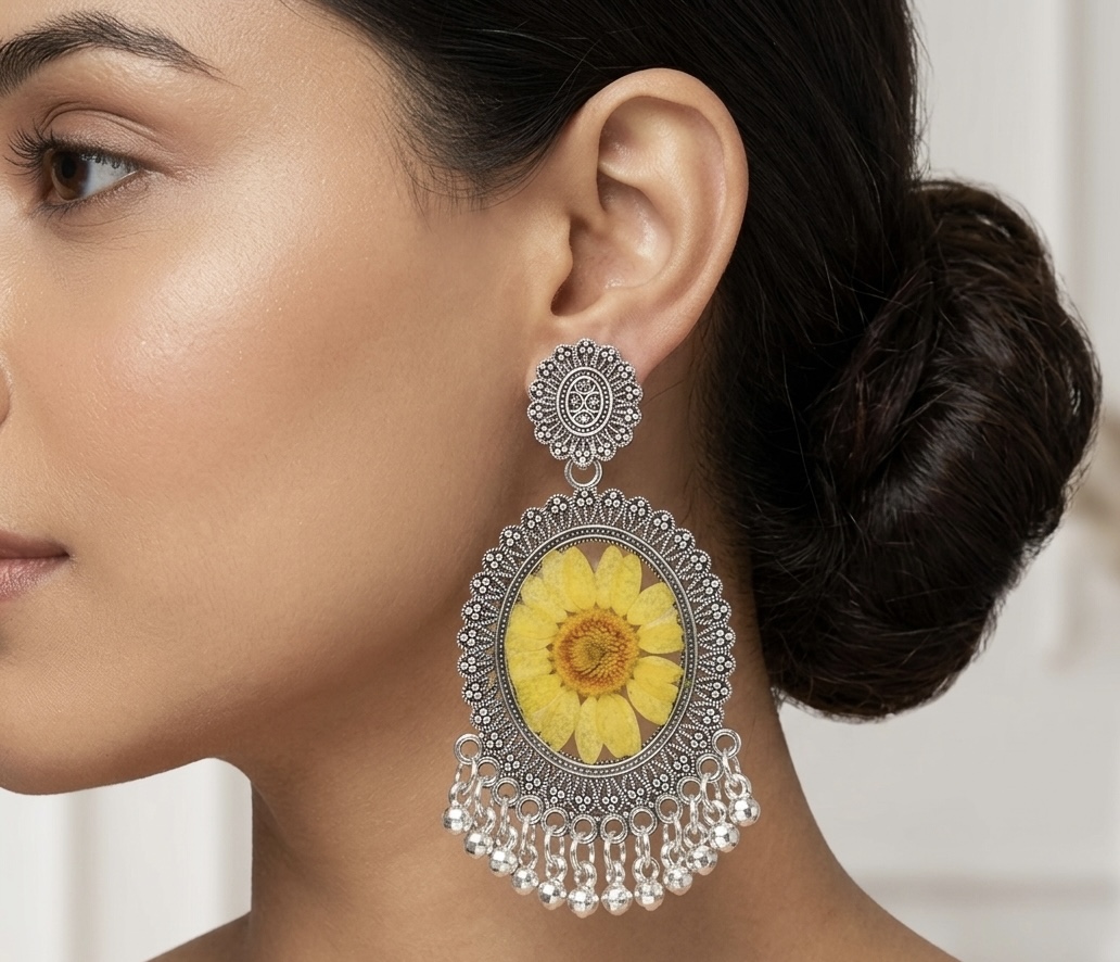 Floral Silver Earrings - Jhumka