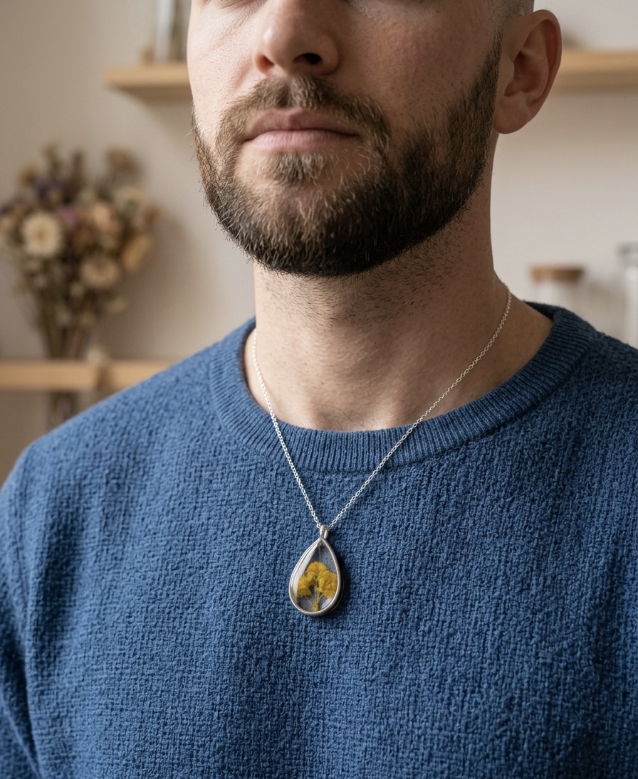 Pressed Real Flower Teardrop Necklace - Stainless Steel