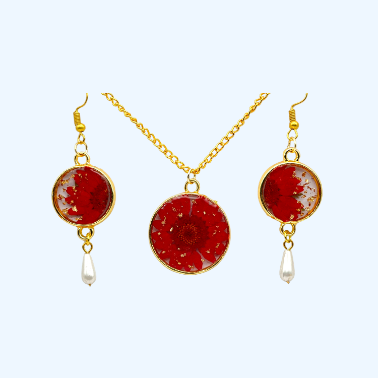 Red Floral Resin Jewelry Set