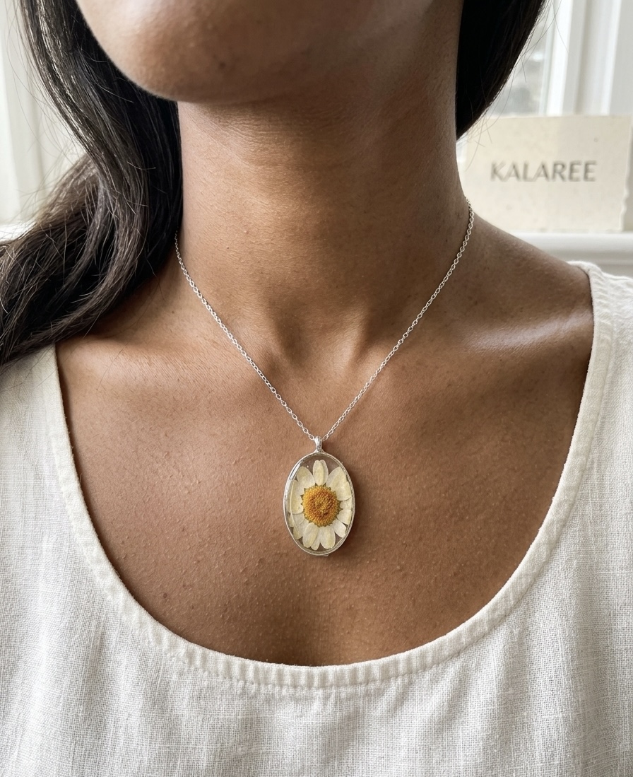 Pressed Real Flower Pendant Necklace - Stainless Steel