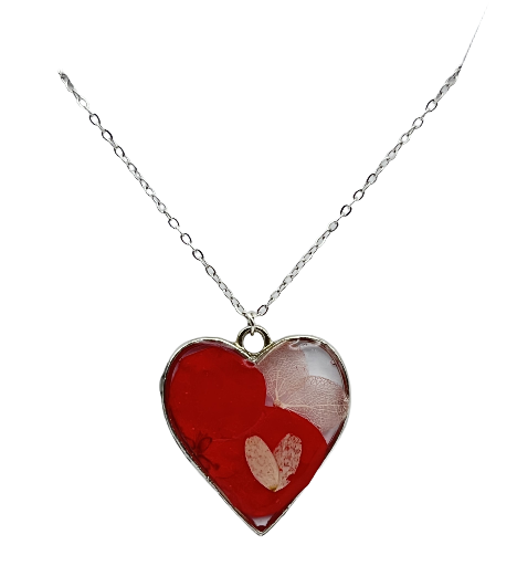 Heart-Shaped Resin Real Flower Pendant Necklace - Stainless Steel