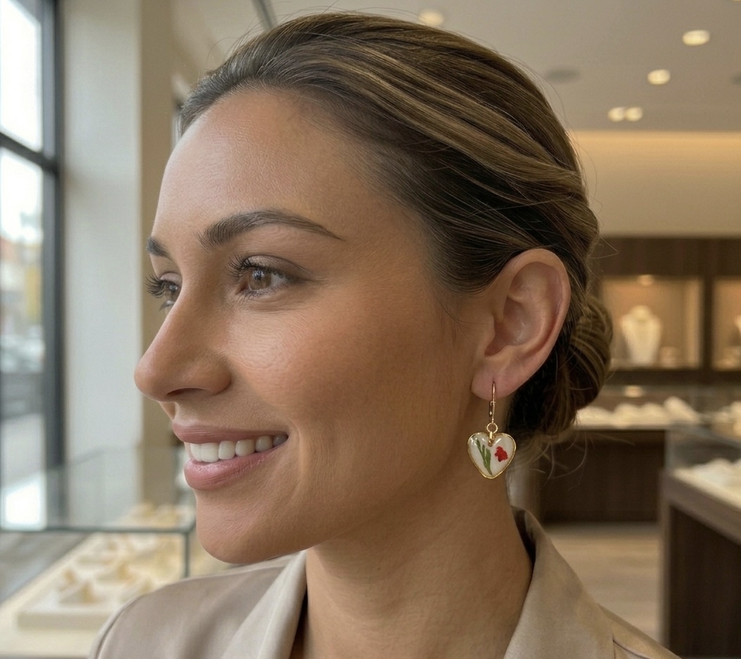 Heart-Shaped Floral Earrings - Stainless Steel