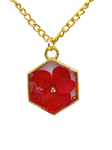 Hexagon Floral Resin Pendant Necklace