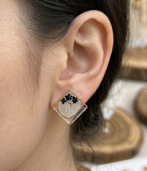 Square Resin Floral Earrings - Stud