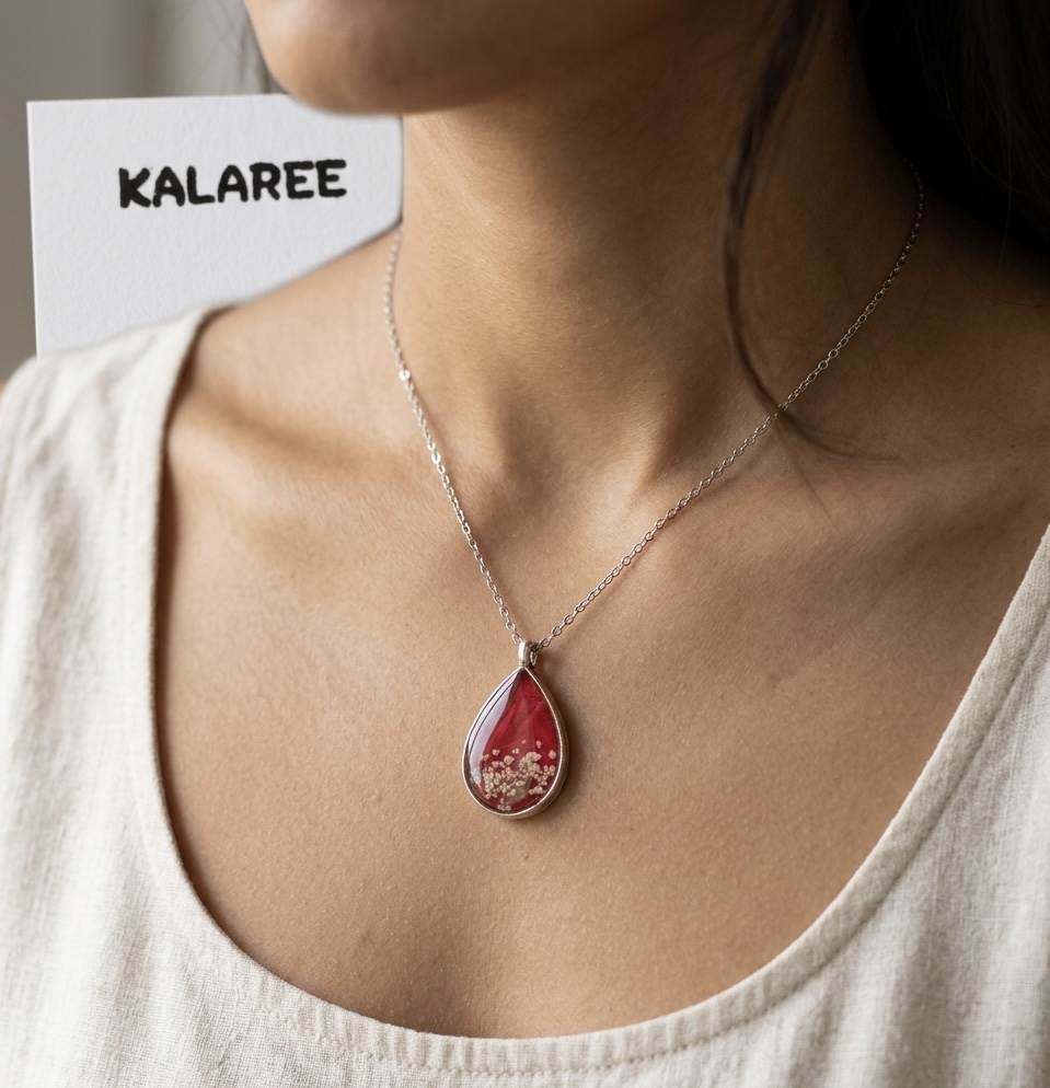 Red Real Flower Resin Pendant Necklace - Stainless Steel 
