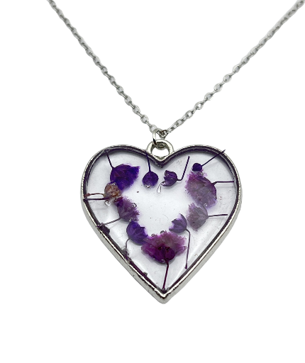 Heart-Shaped Resin Real Flower Pendant Necklace - Stainless Steel