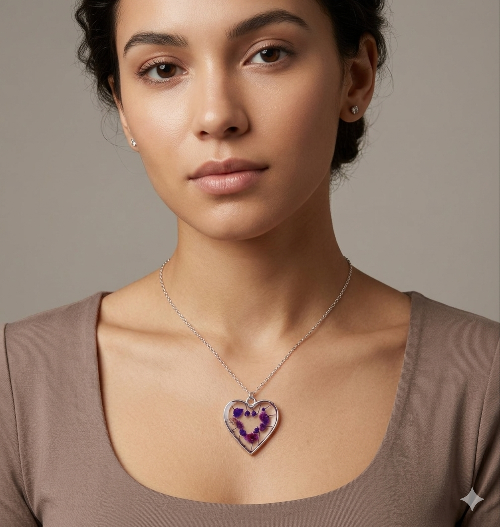 Heart-Shaped Resin Real Flower Pendant Necklace - Stainless Steel