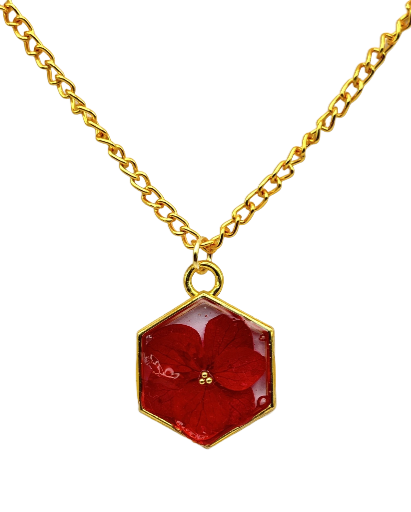 Hexagon Floral Resin Pendant Necklace