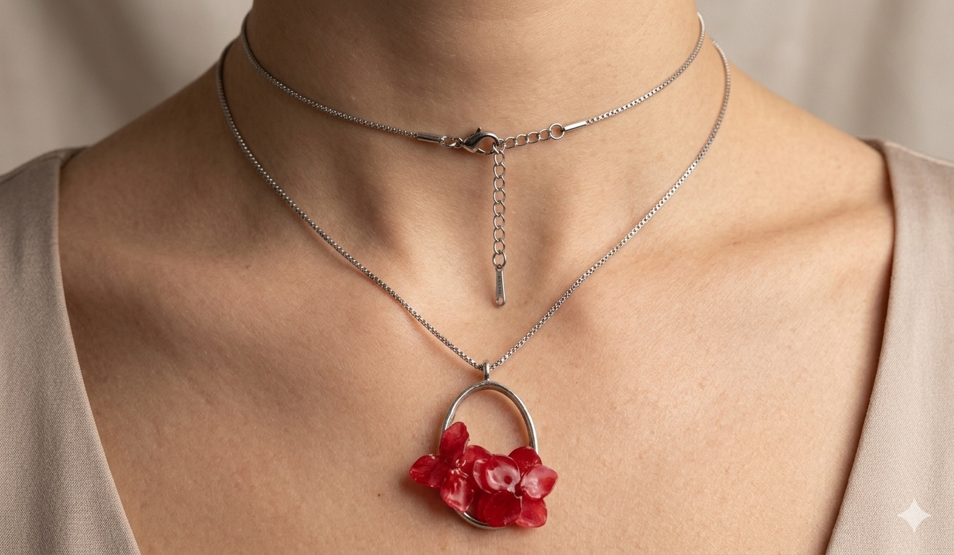 Red Floral Pendant Necklace - Stainless steel