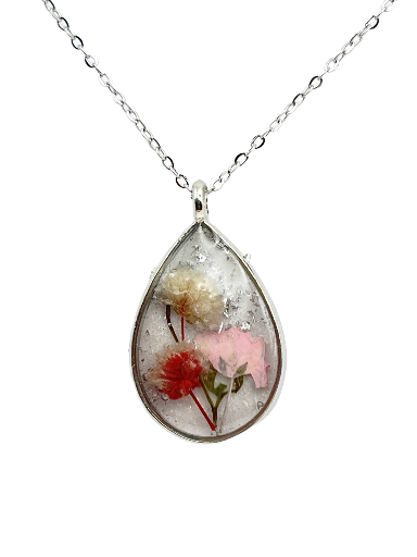 Pressed Real Flower Resin Pendant Necklace - Stainless Steel