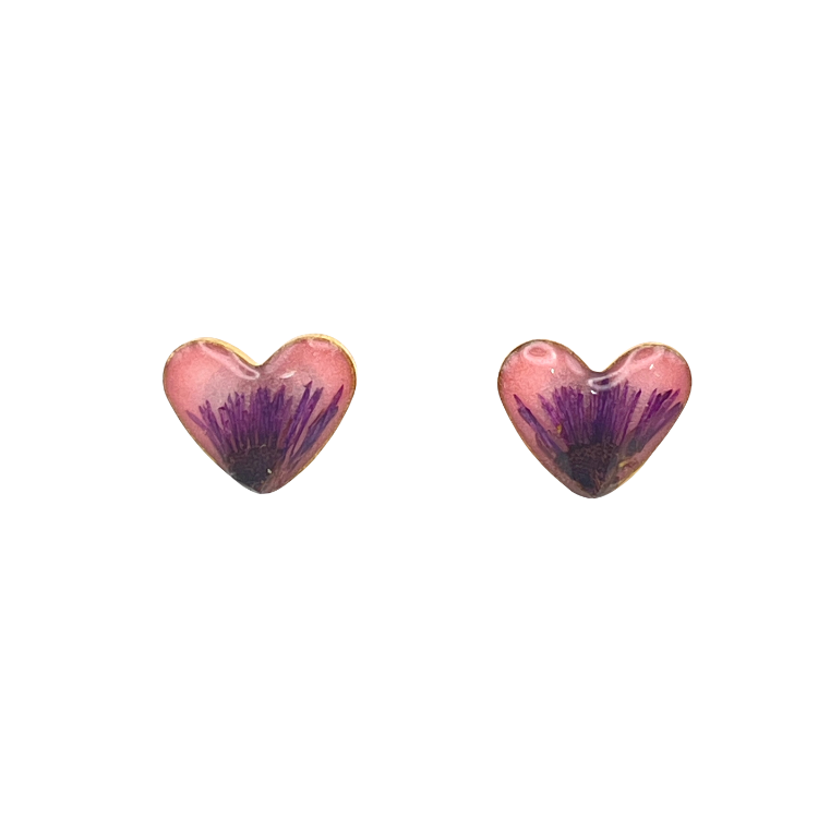 Heart-Shaped Floral Resin Earrings - Stud