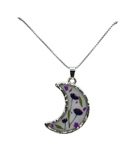 Floral Crescent Moon Pendant Necklace - Stainless Steel
