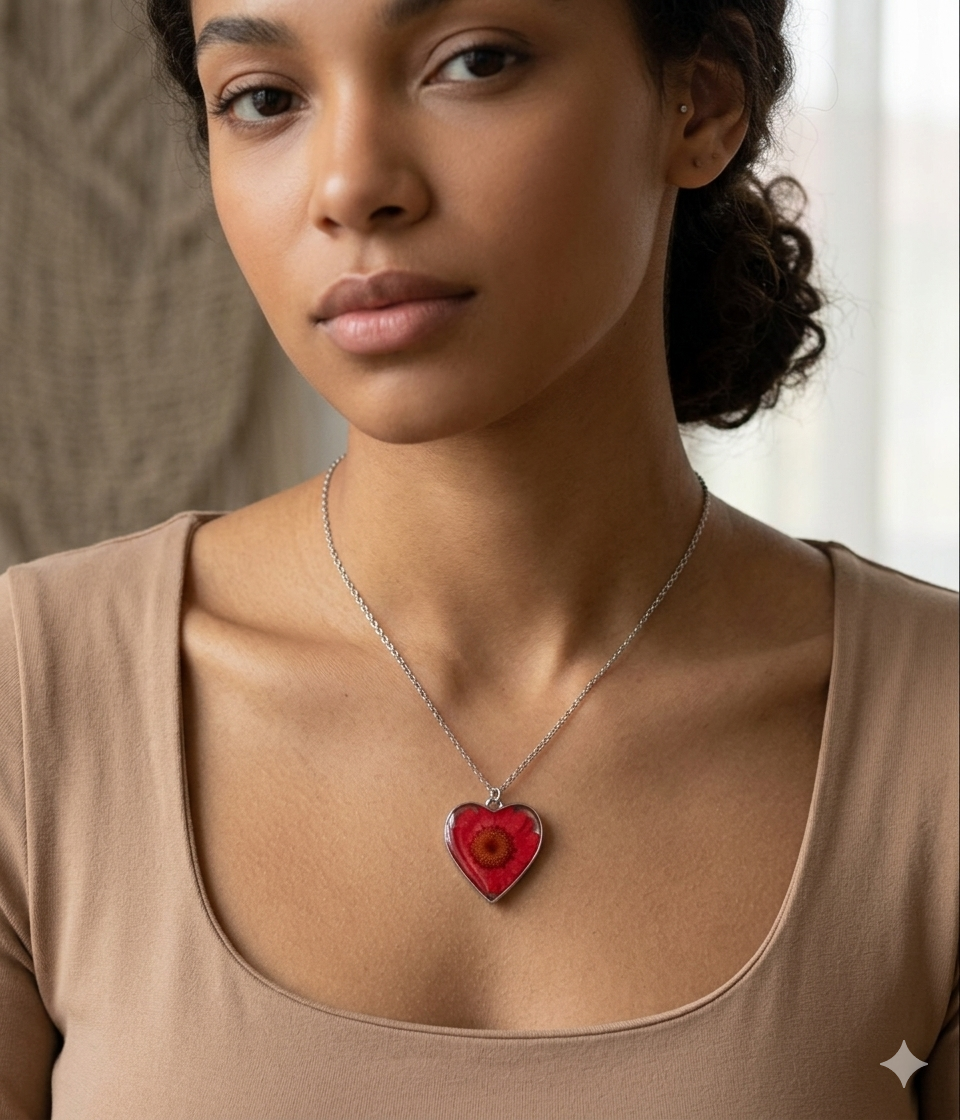 Red Real Flower Heart Pendant Necklace - Stainless steel