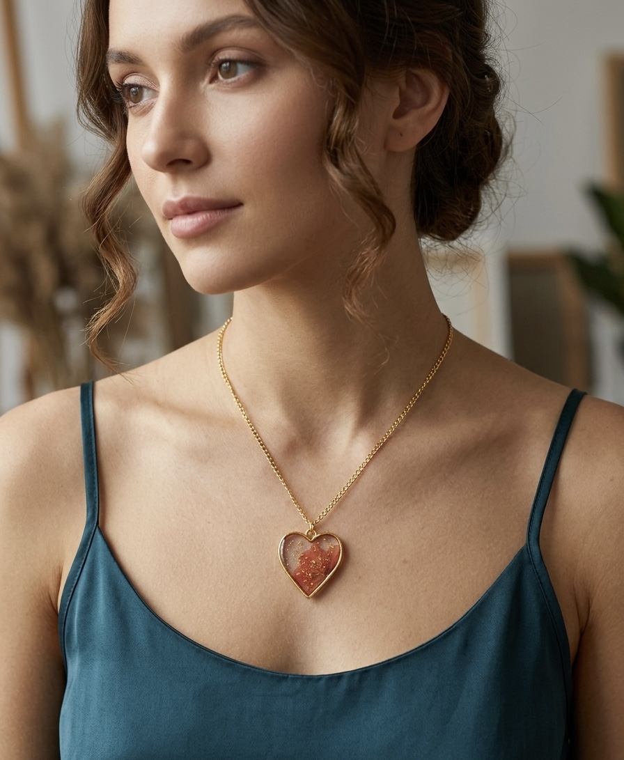 Heart-Shaped Resin Real Flower Pendant Necklace